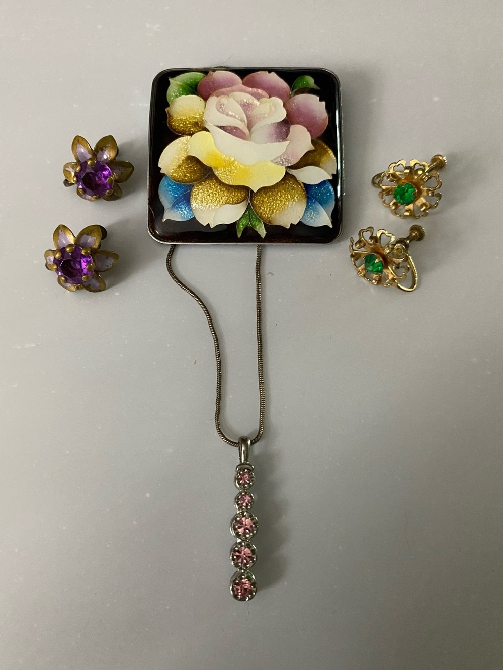 Hand-Painted Floral Brooch w/ Pink Crystal Necklace & two sets Screw-On Earrings
